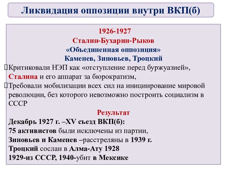 1926-1927 Сталин-Бухарин-Рыков «Объединенная оппозиция» Каменев, Зиновьев, Троцкий Критиковали НЭП как «отступление перед