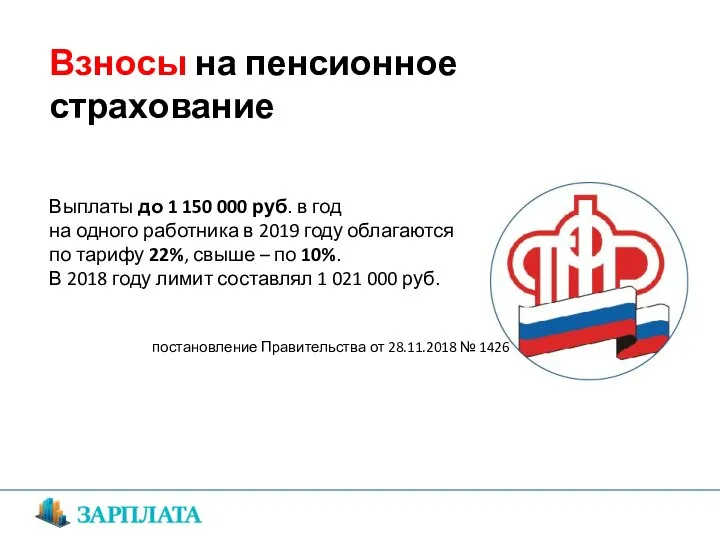 Взносы на пенсионное страхование Выплаты до 1 150 000 руб. в год