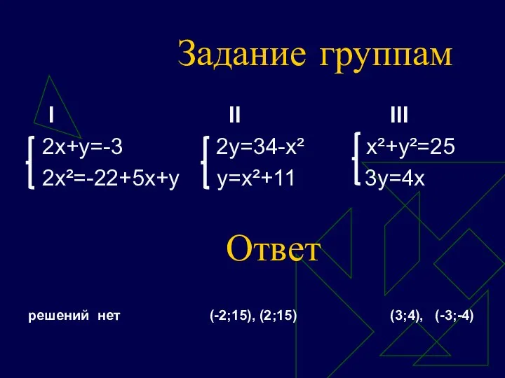 Задание группам I II III 2x+y=-3 2y=34-x² x²+y²=25 2x²=-22+5x+y y=x²+11 3y=4x решений