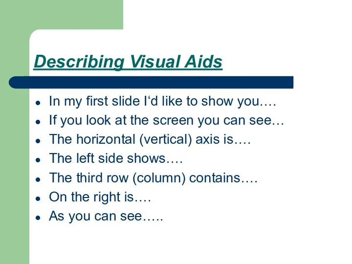 Describing Visual Aids In my first slide I‘d like to show you….