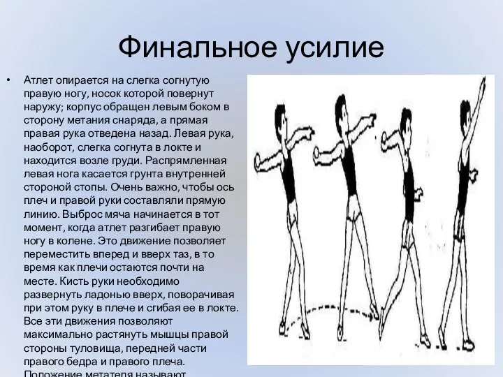 Финальное усилие Атлет опирается на слегка согнутую правую ногу, носок которой повернут