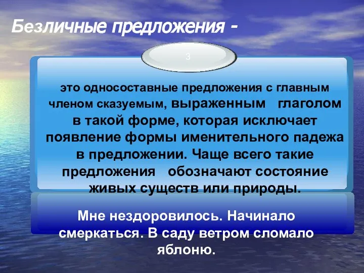 Безличные предложения - Мне нездоровилось. Начинало смеркаться. В саду ветром сломало яблоню.