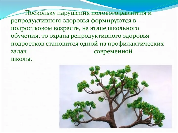 Поскольку нарушения полового развития и репродуктивного здоровья формируются в подростковом возрасте, на