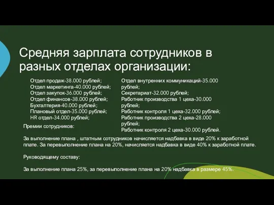 Средняя зарплата сотрудников в разных отделах организации: Отдел внутренних коммуникаций-35.000 рублей; Секретариат-32.000