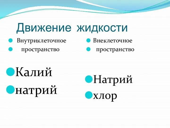 Движение жидкости Внутриклеточное пространство Калий натрий Внеклеточное пространство Натрий хлор