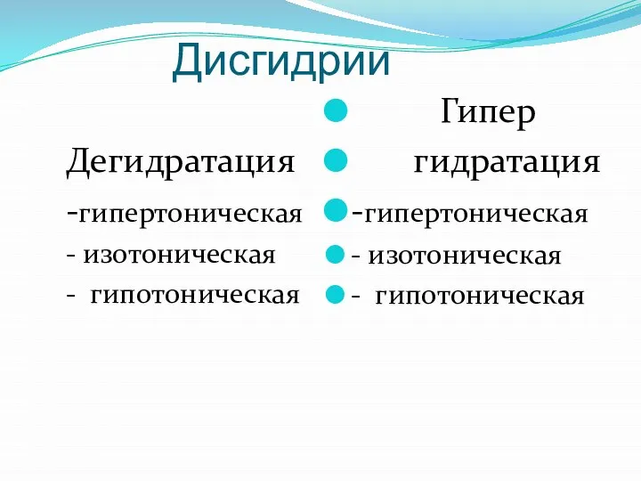 Дисгидрии Дегидратация -гипертоническая - изотоническая - гипотоническая Гипер гидратация -гипертоническая - изотоническая - гипотоническая