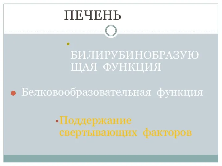 ПЕЧЕНЬ БИЛИРУБИНОБРАЗУЮЩАЯ ФУНКЦИЯ Белковообразовательная функция Поддержание свертывающих факторов