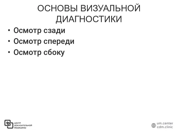 ОСНОВЫ ВИЗУАЛЬНОЙ ДИАГНОСТИКИ Осмотр сзади Осмотр спереди Осмотр сбоку