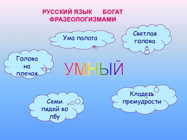 РУССКИЙ ЯЗЫК БОГАТ ФРАЗЕОЛОГИЗМАМИ УМНЫЙ Светлая голова Кладезь премудрости Семи пядей во