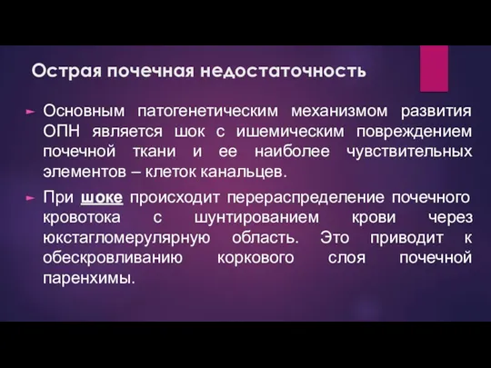 Острая почечная недостаточность Основным патогенетическим механизмом развития ОПН является шок с ишемическим