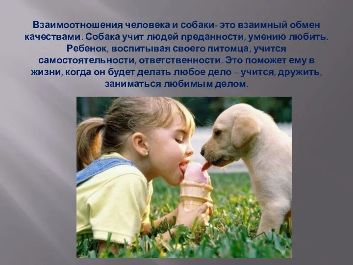 Взаимоотношения человека и собаки- это взаимный обмен качествами. Собака учит людей преданности,