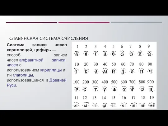 СЛАВЯНСКАЯ СИСТЕМА СЧИСЛЕНИЯ Система записи чисел кириллицей, цифи́рь — способ записи чисел