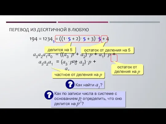 ПЕРЕВОД ИЗ ДЕСЯТИЧНОЙ В ЛЮБУЮ 194 = 12345 = ((1⋅5 + 2)⋅5