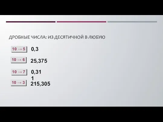 ДРОБНЫЕ ЧИСЛА: ИЗ ДЕСЯТИЧНОЙ В ЛЮБУЮ 10 → 5 0,3 10 →