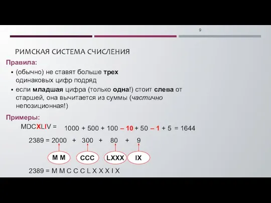 РИМСКАЯ СИСТЕМА СЧИСЛЕНИЯ Правила: (обычно) не ставят больше трех одинаковых цифр подряд