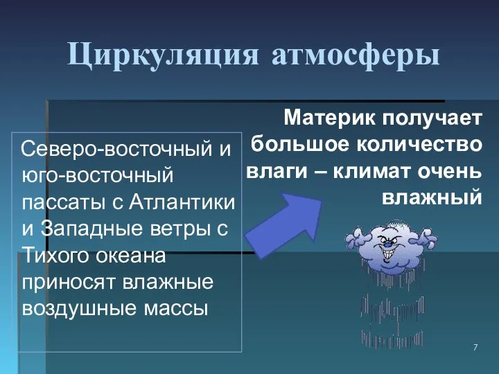 Циркуляция атмосферы Северо-восточный и юго-восточный пассаты с Атлантики и Западные ветры с