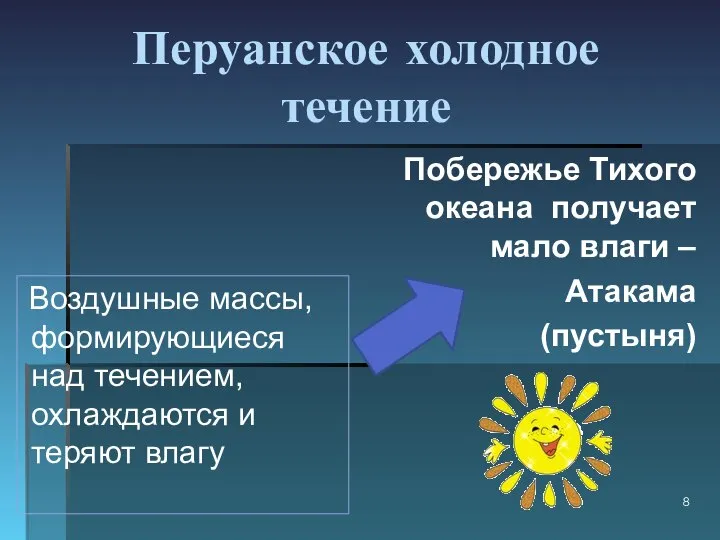 Перуанское холодное течение Воздушные массы, формирующиеся над течением, охлаждаются и теряют влагу