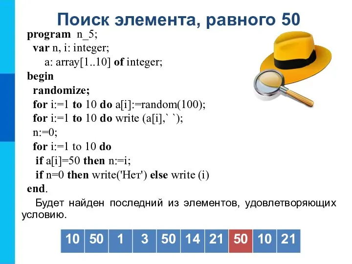 Поиск элемента, равного 50 Будет найден последний из элементов, удовлетворяющих условию. program