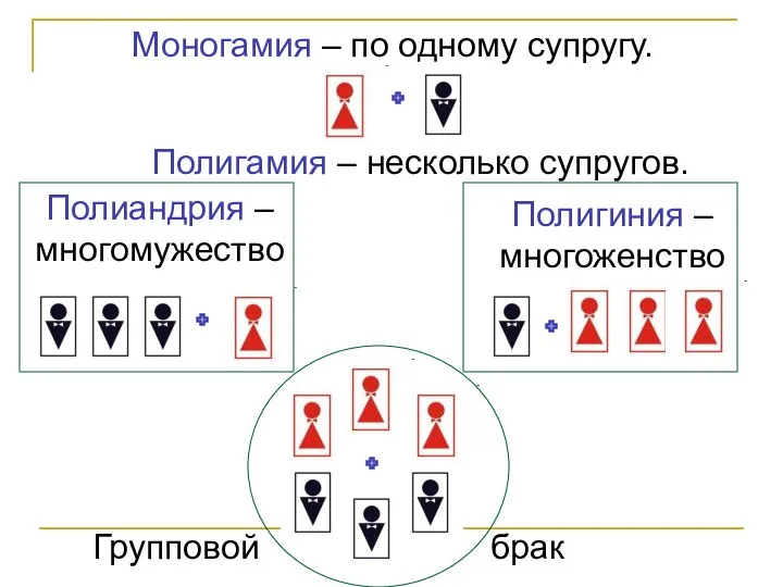 Групповой Полигиния – многоженство Полиандрия – многомужество Полигамия – несколько супругов. Моногамия