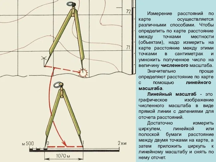 Измерение расстояний по карте осуществляется различными способами. Чтобы определить по карте расстояние