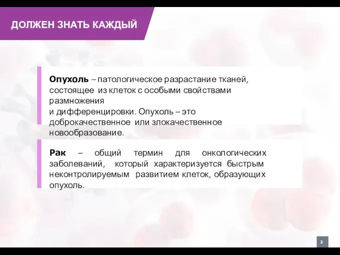 Опухоль – патологическое разрастание тканей, состоящее из клеток с особыми свойствами размножения