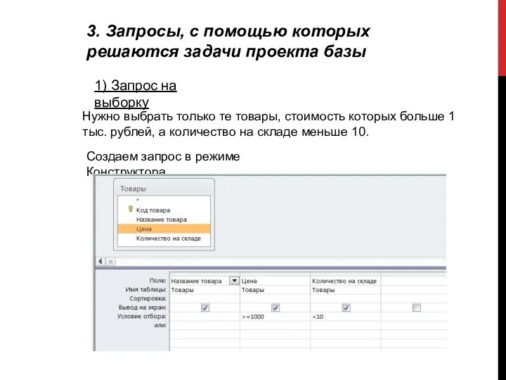 3. Запросы, с помощью которых решаются задачи проекта базы 1) Запрос на