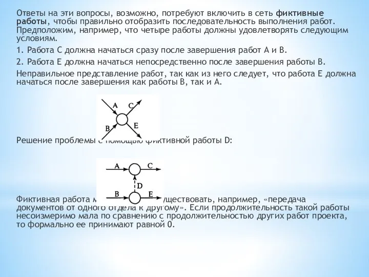 Ответы на эти вопросы, возможно, потребуют включить в сеть фиктивные работы, чтобы