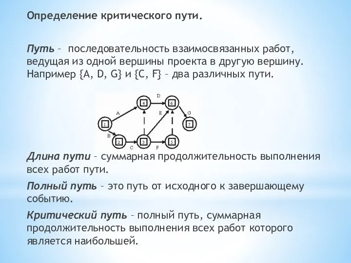 Определение критического пути. Путь – последовательность взаимосвязанных работ, ведущая из одной вершины