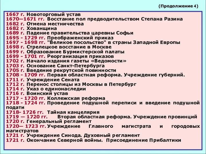 1667 г. Новоторговый устав 1670—1671 гг. Восстание пол предводительством Степана Разина 1682
