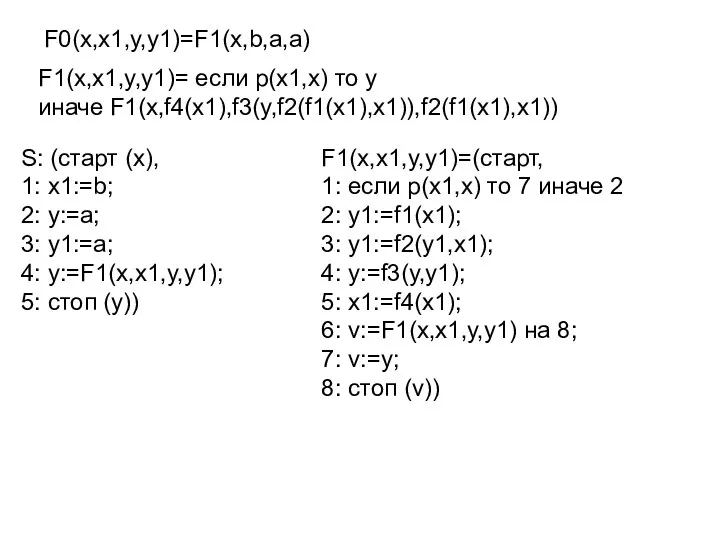 F0(x,x1,y,y1)=F1(x,b,a,a) F1(x,x1,y,y1)= если p(x1,x) то y иначе F1(x,f4(x1),f3(y,f2(f1(x1),x1)),f2(f1(x1),x1)) S: (старт (x), 1: