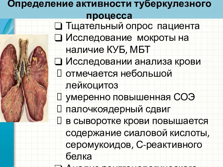 Определение активности туберкулезного процесса Тщательный опрос пациента Исследование мокроты на наличие КУБ,