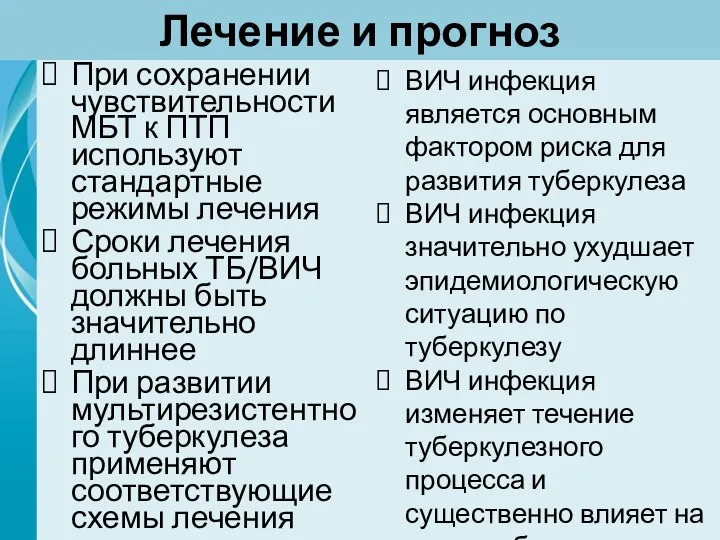 Лечение и прогноз При сохранении чувствительности МБТ к ПТП используют стандартные режимы