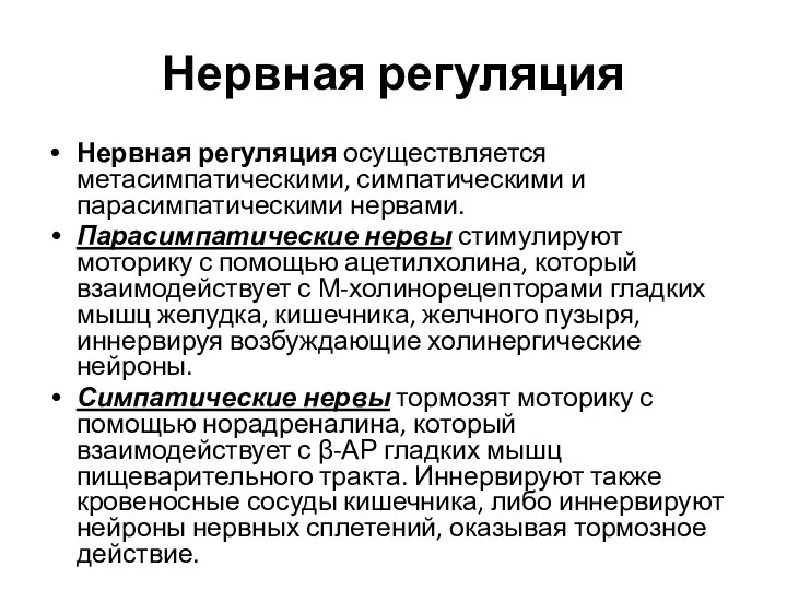 Нервная регуляция Нервная регуляция осуществляется метасимпатическими, симпатическими и парасимпатическими нервами. Парасимпатические нервы