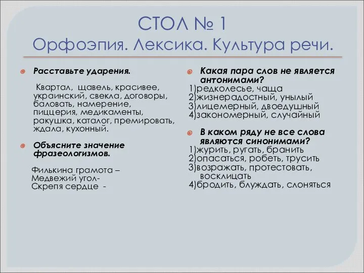 СТОЛ № 1 Орфоэпия. Лексика. Культура речи. Расставьте ударения. Квартал, щавель, красивее,