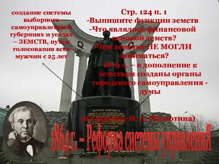 1864 г. – Реформа системы управлениЯ создание системы выборного самоуправления в губерниях