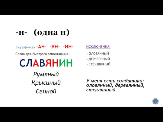 -н- (одна н) В суффиксах –АН- -ЯН- -ИН- Слово для быстрого запоминания: