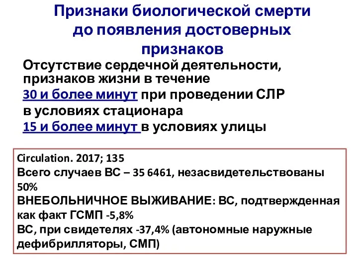 Признаки биологической смерти до появления достоверных признаков Отсутствие сердечной деятельности, признаков жизни