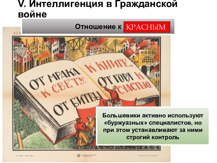 V. Интеллигенция в Гражданской войне Большевики активно используют «буржуазных» специалистов, но при