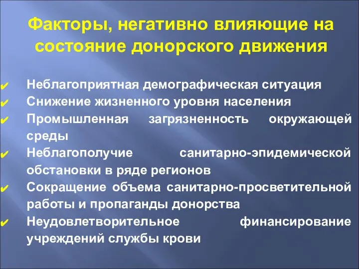 Факторы, негативно влияющие на состояние донорского движения Неблагоприятная демографическая ситуация Снижение жизненного