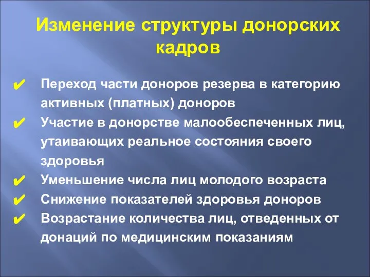 Изменение структуры донорских кадров Переход части доноров резерва в категорию активных (платных)