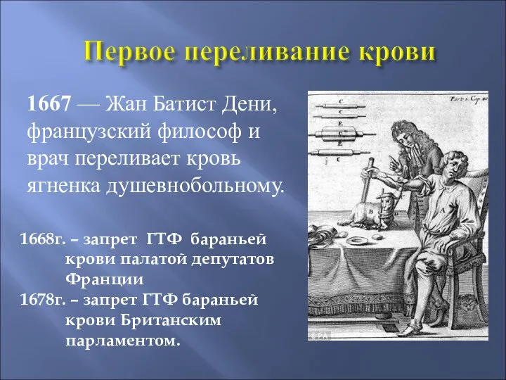 1667 — Жан Батист Дени, французский философ и врач переливает кровь ягненка