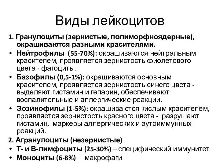 Виды лейкоцитов 1. Гранулоциты (зернистые, полиморфноядерные), окрашиваются разными красителями. Нейтрофилы (55-70%): окрашиваются