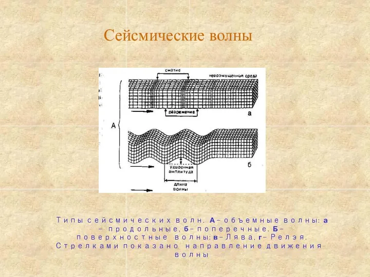 Типы сейсмических волн. А – объемные волны: а – продольные, б –