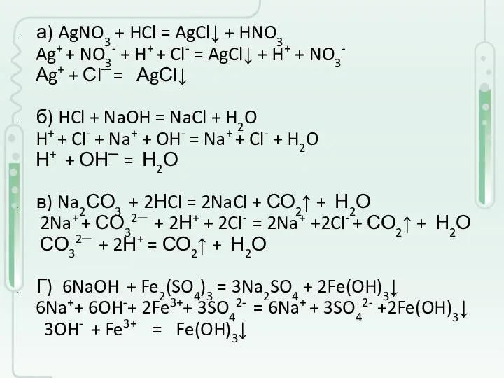 а) AgNO3 + HCl = AgCl↓ + HNO3 Ag+ + NO3- +