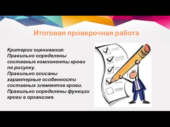 Итоговая проверочная работа Критерии оценивания: Правильно определены составные компоненты крови по рисунку.