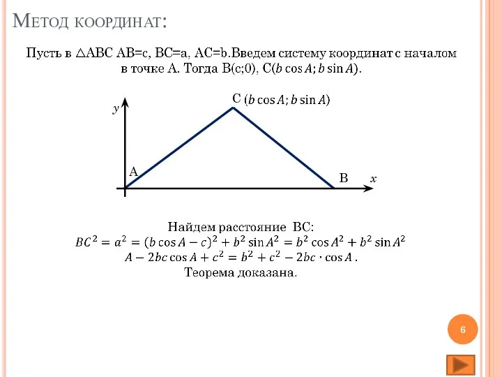Метод координат: x y B C A