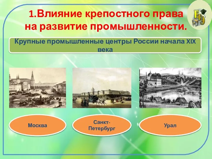 1.Влияние крепостного права на развитие промышленности. Крупные промышленные центры России начала XIX века Москва Санкт-Петербург Урал