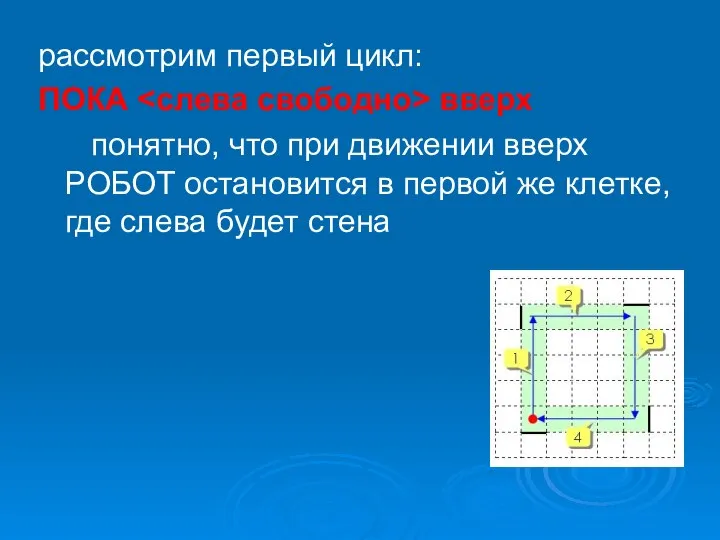 рассмотрим первый цикл: ПОКА вверх понятно, что при движении вверх РОБОТ остановится