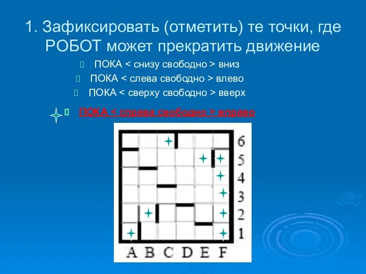 1. Зафиксировать (отметить) те точки, где РОБОТ может прекратить движение ПОКА вниз