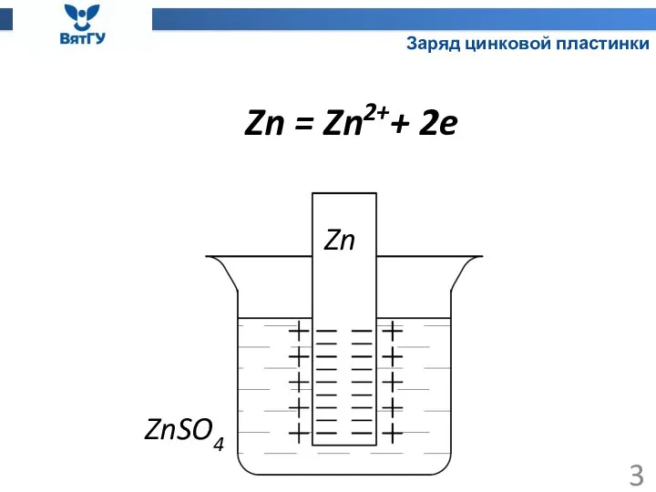 Заряд цинковой пластинки Zn ZnSO4 Zn = Zn2++ 2e